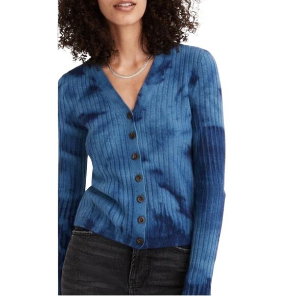 Madewell 100% Cashmere Cardigan Sweater Womens XS Blue Tie Dye Ribbed Knit Boho - Picture 1 of 10